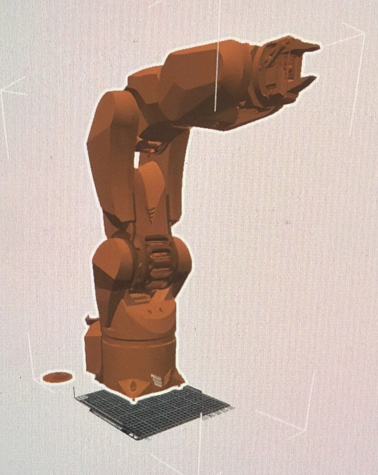The full six-axis arm model assembled on screen from every STEP file, sitting on a virtual print bed
