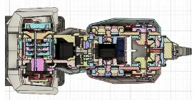Top-down CAD section of the gripper showing its internal components