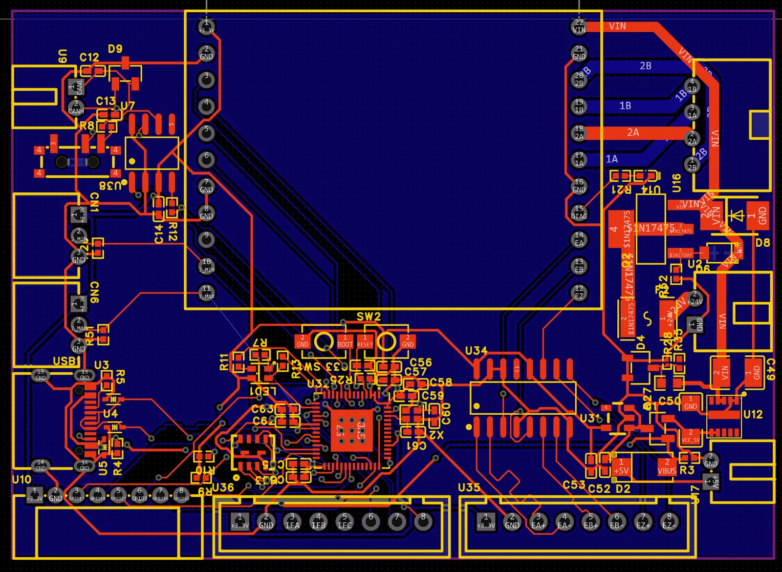 PCB layout in a CAD tool showing dense routed traces on a two-layer board