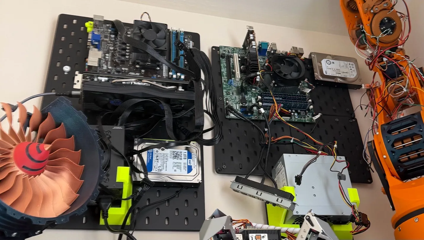 Cluster hardware and networking laid out across the workbench