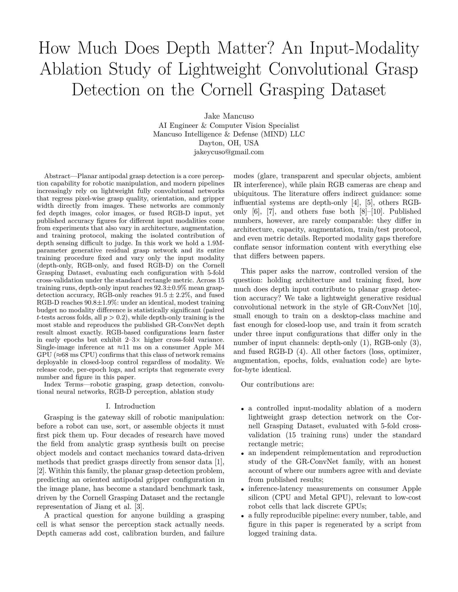 First page of the paper: How Much Does Depth Matter? An Input-Modality Ablation Study of Lightweight Convolutional Grasp Detection on the Cornell Grasping Dataset